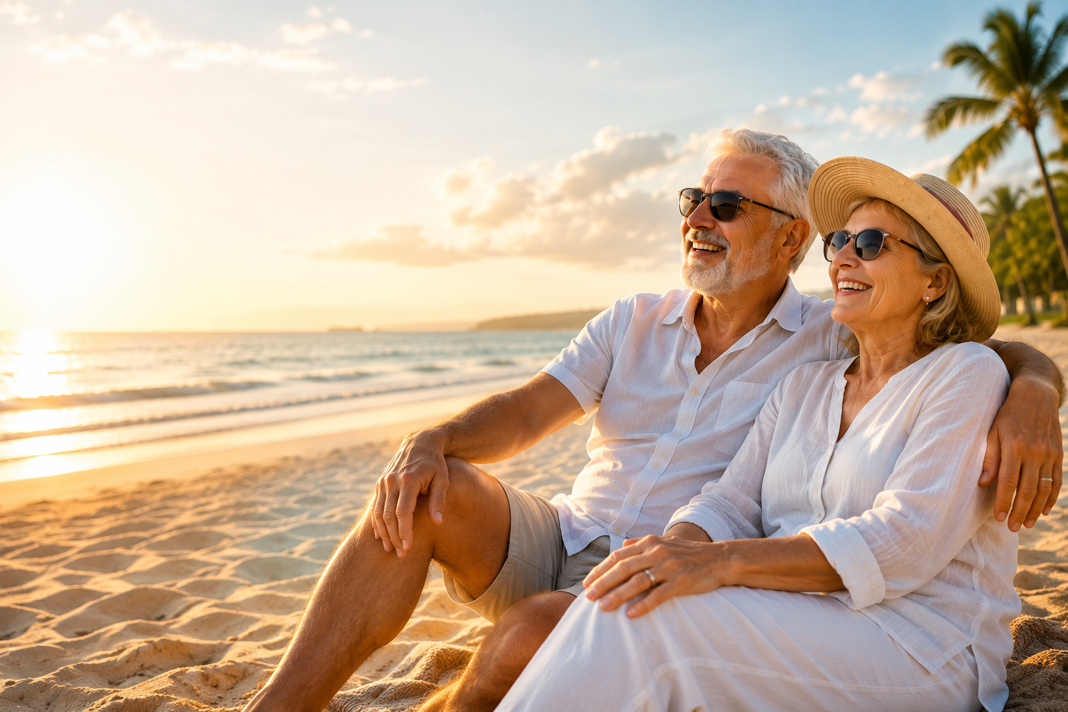 Casal aposentado feliz na praia
